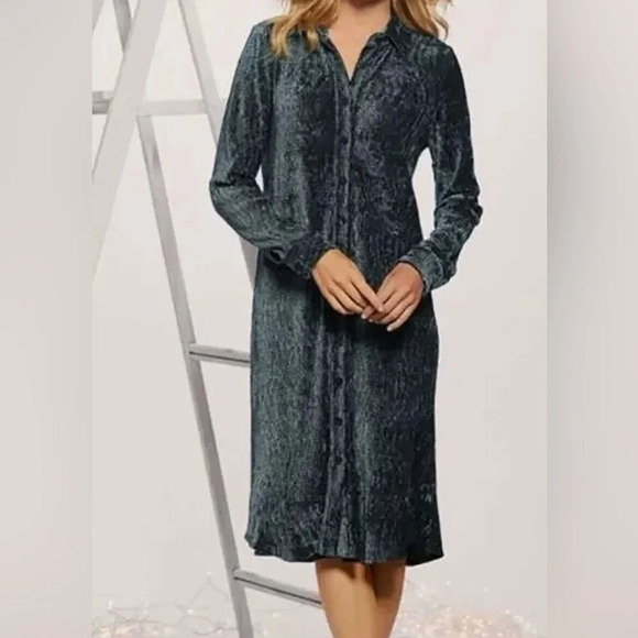 SOFT SURROUNDINGS Women's Maxime Soft Velvet Crinkle Shirt Dress Size PM/Blue - Picture 1 of 12